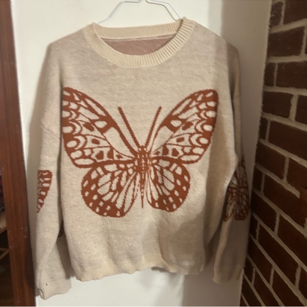 SHEIN Size Large Cream and Brown Butterfly Sweater
